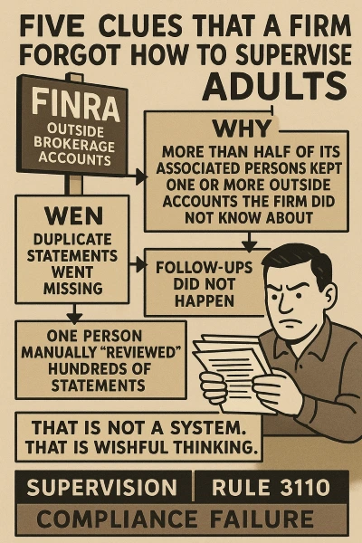 FINRA; outside brokerage accounts; supervision; Rule 3110; compliance failure